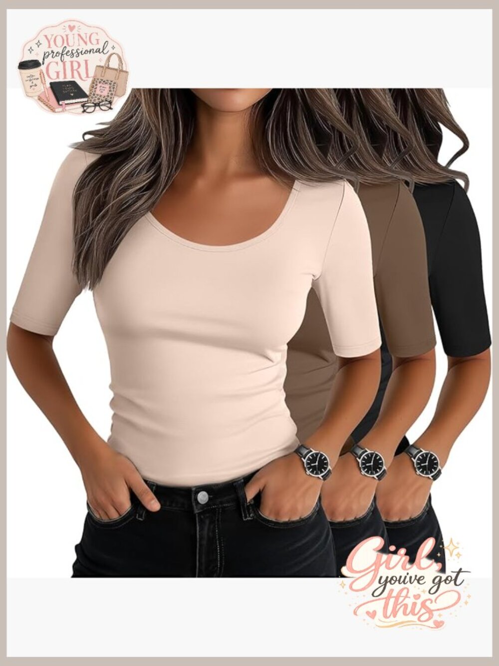 3 Pack Women's Scoop Neck Half Sleeve Fitted T-Shirts Cotton Stretch Basic Tees